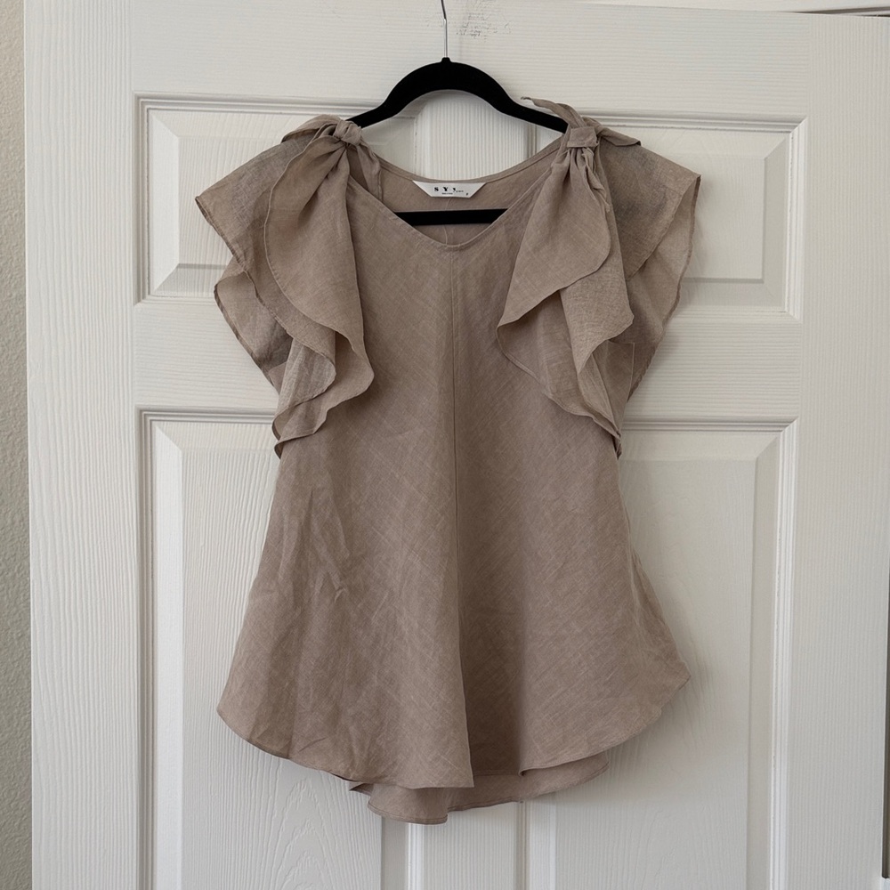 Made in Korea 100% Linen Ruffle Sleeve Swing Top